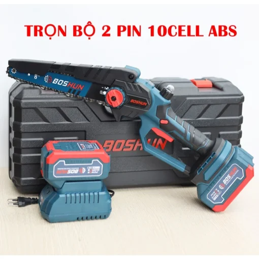 Máy cưa xích mini cầm tay chạy PIN 1800w BOSHUN BS-CS08, hàng chính hãng, Có Tra Nhớt, Có Màn LED.