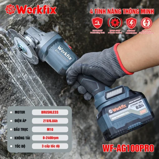 Máy Cắt Mài PIN cầm tay WORKFIX WF-AG100PRO chính hãng, Antikickback, Không chổi than, 100% Lõi Đồng, 2 PIN - Hình ảnh 4