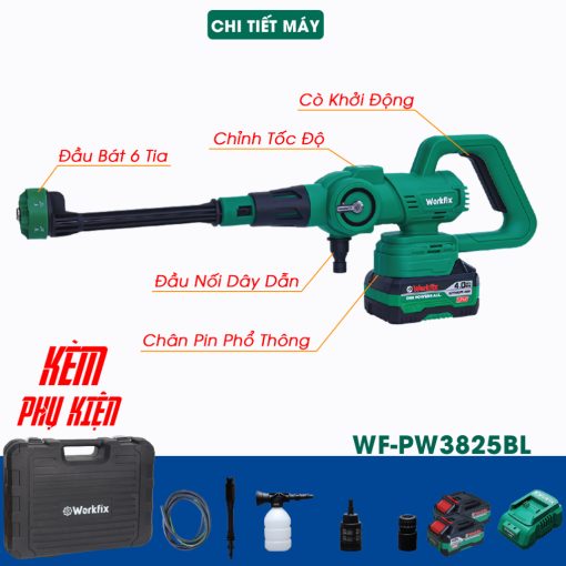 Máy Rửa Xe Cao Áp Workfix WF-PW3825BL, Công suất 305W, 6 Chế Độ, 3 Tốc Độ, Động Cơ 3825BL Không Chổi Than, Chân Pin Phổ Thông, Bảo Hành 12 Tháng - Hình ảnh 5