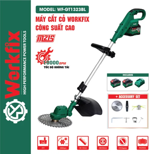Máy cắt cỏ cầm tay chạy pin 1800w WORKFIX WF-GT1323BL, hàng chính hãng, Động cơ Không Chổi Than, 100% lõi đồng - Hình ảnh 2