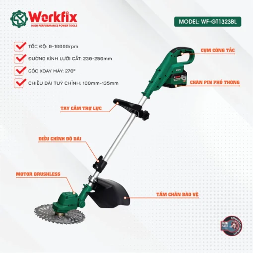 Máy cắt cỏ cầm tay chạy pin 1800w WORKFIX WF-GT1323BL, hàng chính hãng, Động cơ Không Chổi Than, 100% lõi đồng - Hình ảnh 3