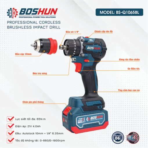 Máy khoan pin Boshun BS-Q1065BL 10mm, 65Nm - Hình ảnh 2