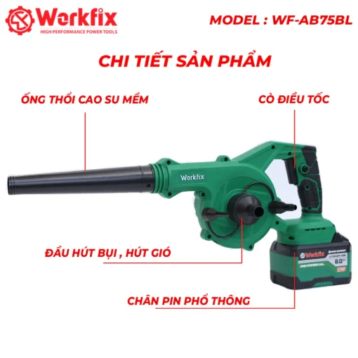 Máy thổi hút bụi pin WORKFIX WF-AB775BL, Động cơ Không chổi than, 2 chức năng, Cò điều tốc, Pin 15Cell - Hình ảnh 3
