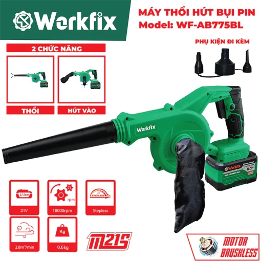 Máy thổi hút bụi pin WORKFIX WF-AB775BL, Động cơ Không chổi than, 2 chức năng, Cò điều tốc, Pin 15Cell - Hình ảnh 5