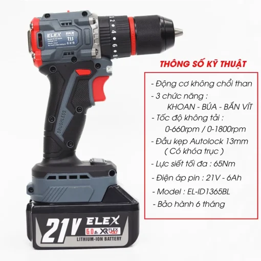 Máy Khoan Pin cầm Tay Bắn Vít 13mm, 65Nm ELEX EL-ID1365BL - Hình ảnh 3