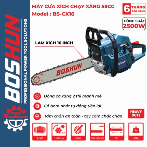 Máy cưa xích chạy xăng 58CC BOSHUN BS-CX16, Lam xích dài 16INCH, Bơm nhớt tự động – Động cơ xăng 2 thì. - Hình ảnh 2