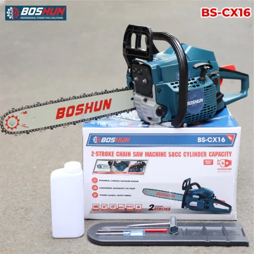 Máy cưa xích chạy xăng 58CC BOSHUN BS-CX16, Lam xích dài 16INCH, Bơm nhớt tự động – Động cơ xăng 2 thì.
