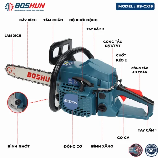 Máy cưa xích chạy xăng 58CC BOSHUN BS-CX16, Lam xích dài 16INCH, Bơm nhớt tự động – Động cơ xăng 2 thì. - Hình ảnh 4