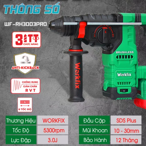 Máy Khoan Đục Bê Tông WORKFIX WF-RH3003PRO 3,0J - Hình ảnh 3