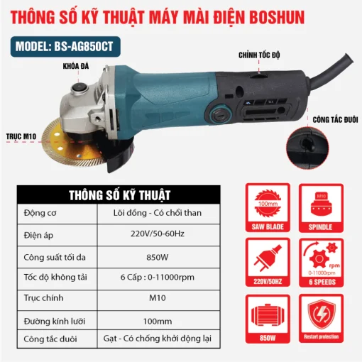 Máy Mài Cầm Tay BOSHUN BS-AG850CT, Công Suất 850W, 6 Cấp Tốc, Chống Khởi Động Lại , Công Tắc Đuôi - Hình ảnh 2
