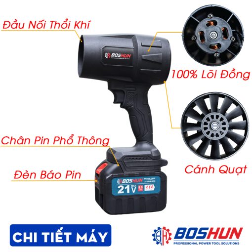 Máy Thổi Phản Lực, Thổi Bụi, Thổi Lá Rụng Boshun Siêu Khỏe, Chân Pin Phổ Thông, Bộ 1 Pin 15 Cell, Bảo Hành 12T - Hình ảnh 6