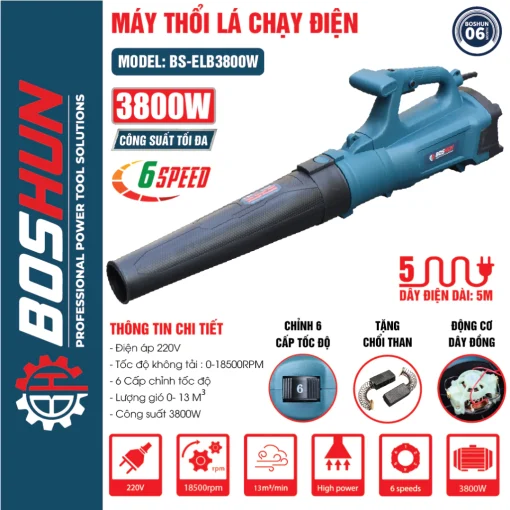 Máy Thổi Bụi / Thổi Lá cầm tay 3800w BOSHUN BS-ELB3800W chính hãng, Dây điện dài 5m, 100% lõi đồng - Hình ảnh 3