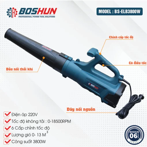 Máy Thổi Bụi / Thổi Lá cầm tay 3800w BOSHUN BS-ELB3800W chính hãng, Dây điện dài 5m, 100% lõi đồng - Hình ảnh 2