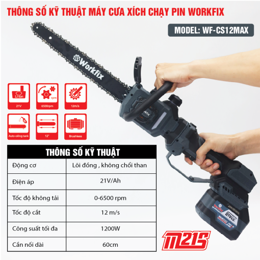 Máy cưa xích cầm tay chạy PIN 1200w WORKFIX WF-CS12MAX, Không chổi than, 100% lõi đồng. - Hình ảnh 2