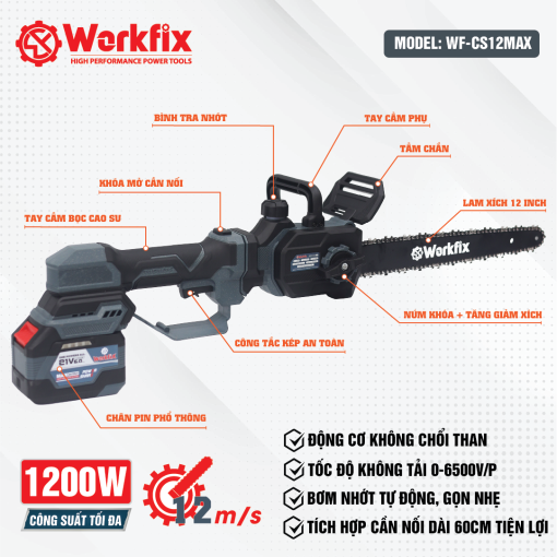 Máy cưa xích cầm tay chạy PIN 1200w WORKFIX WF-CS12MAX, Không chổi than, 100% lõi đồng. - Hình ảnh 4
