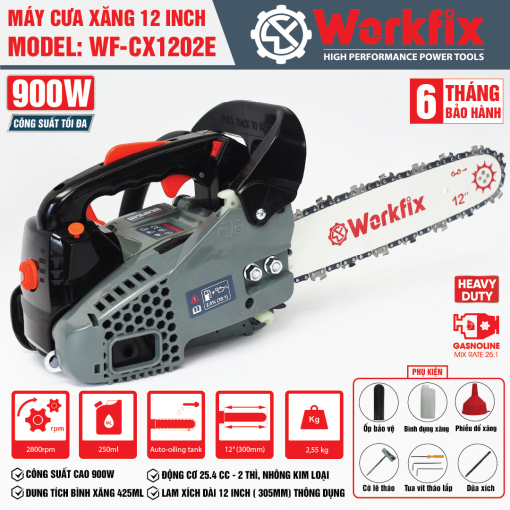 Máy cưa xăng 12 inch Workfix WF-CX1202E, Công suất cao 900W, Động cơ 25.4 CC – 2 Thì mạnh mẽ, Bảo hành 12 tháng - Hình ảnh 5
