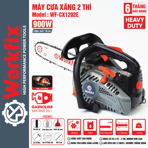 Máy cưa xăng 12 inch Workfix WF-CX1202E, Công suất cao 900W, Động cơ 25.4 CC – 2 Thì mạnh mẽ, Bảo hành 12 tháng - Hình ảnh 3