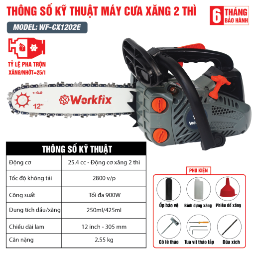 Máy cưa xăng 12 inch Workfix WF-CX1202E, Công suất cao 900W, Động cơ 25.4 CC – 2 Thì mạnh mẽ, Bảo hành 12 tháng - Hình ảnh 2