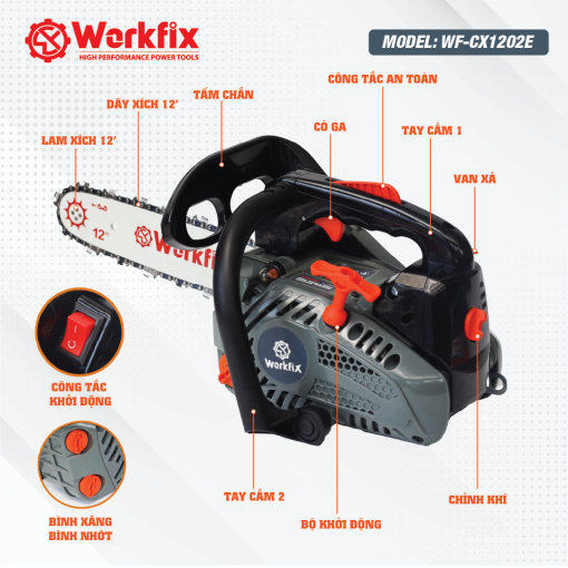Máy cưa xăng 12 inch Workfix WF-CX1202E, Công suất cao 900W, Động cơ 25.4 CC – 2 Thì mạnh mẽ, Bảo hành 12 tháng - Hình ảnh 4