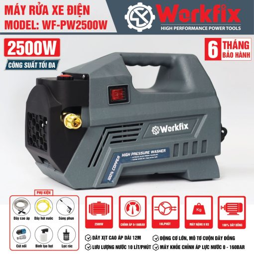 Máy rửa xe cao áp mini gia đình 2500w WORKFIX WF-PW2500W, hàng chính hãng, 100% lõi đồng, tặng dây cao áp 12m - Hình ảnh 4