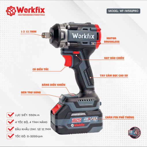 Máy Siết bulong PIN 550Nm Workfix WF-IW550 PRO chính hãng, Đầu 2 Trong 1, 100% Lõi đồng - Hình ảnh 3